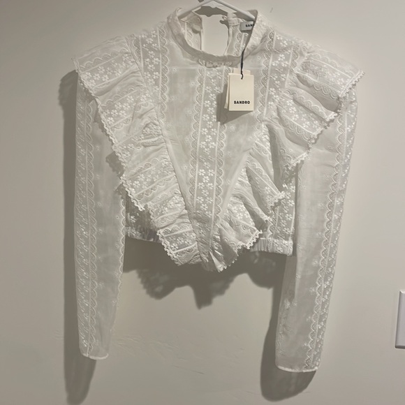 Sandro Ladies Lace Blouse Round Neck Ruffle Long Sleeve Top - Picture 4 of 11